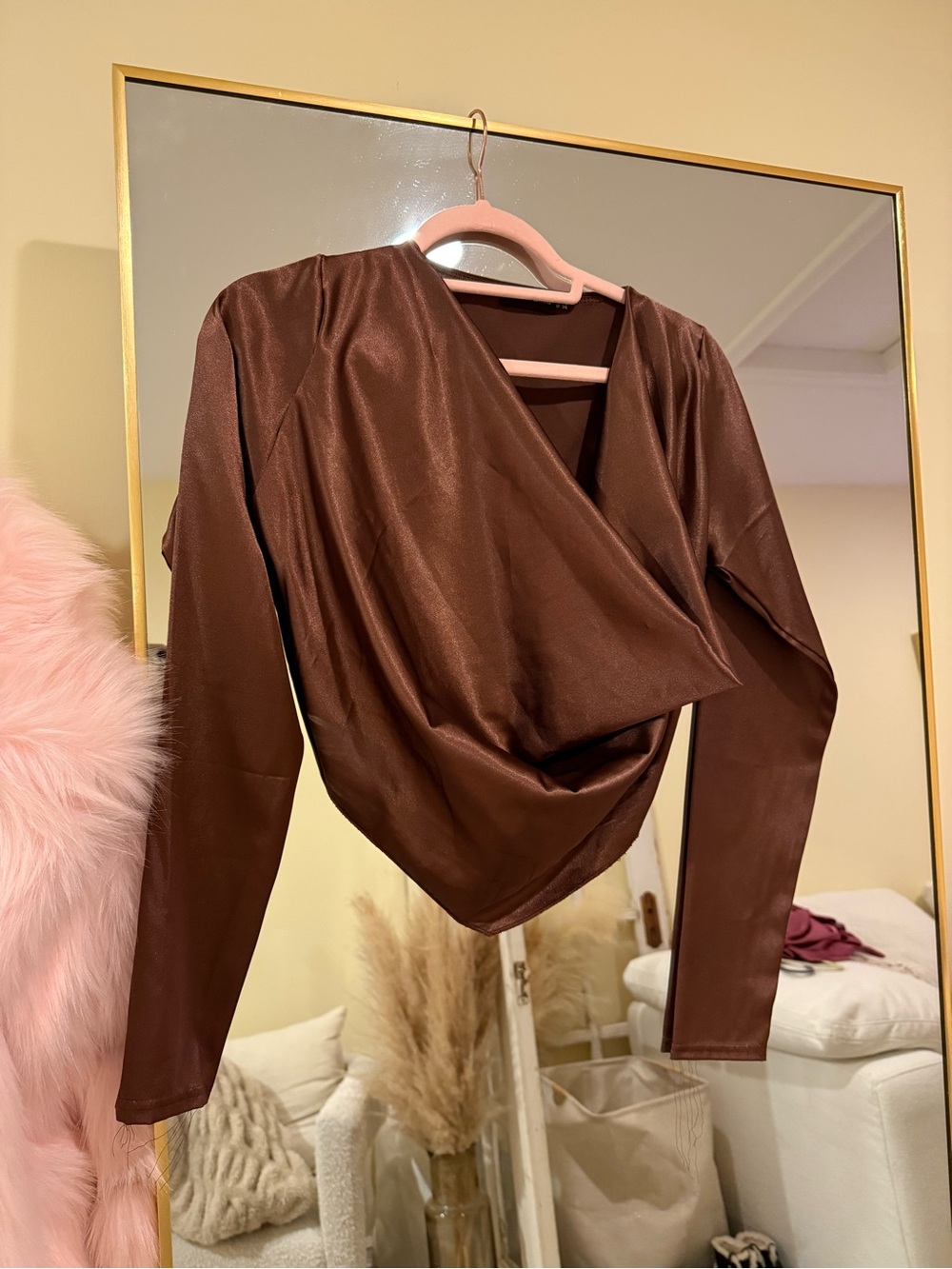 PrettyLittleThing Brown Faux-Leather Wrap Long Sleeve Top